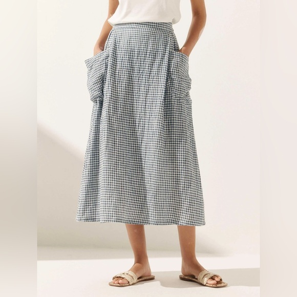 Lintico Dresses & Skirts - Lintico Linen Checked Elastic Waist Skirt In Ocean Cream Size S
